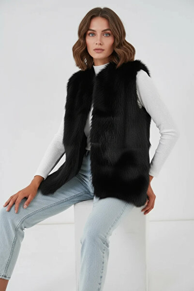 Şeker Portakalım Women's Wide Collar Fur Black Vest