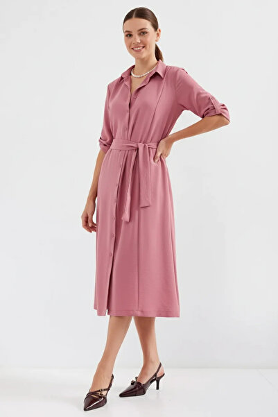 Generic Brand Women's Shirt Collar Belted Dusty Rose Dress