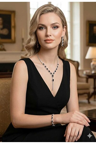 ROSALINDA Siyah taşlı Hürrem kolye küpe bileklik seti