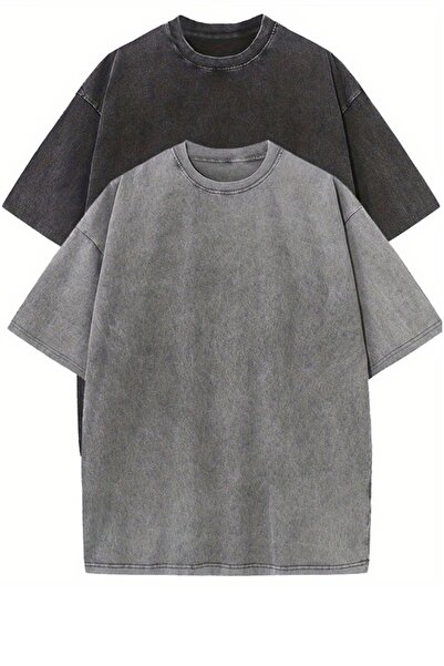 Touz Moda Pachet de 2 tricouri oversize unisex vintage, de bază, lavabile