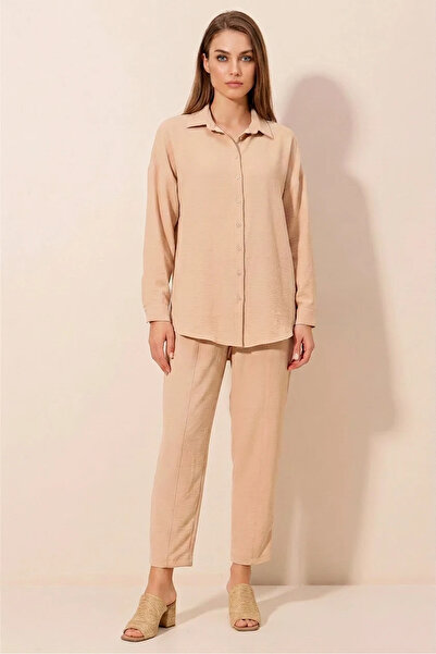 Generic Brand Women's Shirt Collar Oversize Beige Double Set
