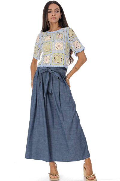 ROHBOUTIQUE Denim midi skirt with pockets and a matching belt Roh FR574