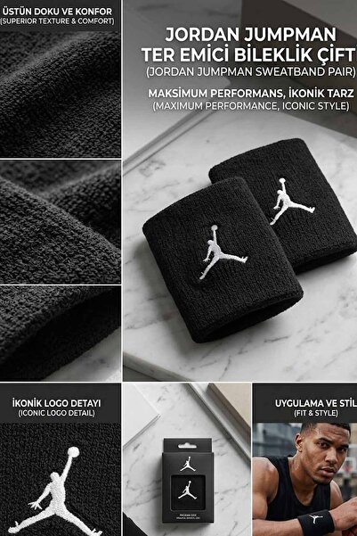 Nike Jordan Jumpman Siyah Geniş Spor Bileklik Çifti - Orijinal Kutulu Havlu D...