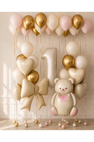 MERİ PARTİ 1 Year Old Premium Birthday Celebration Set with Cream Gold Teddy ...