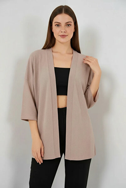 buğrahayalin Women's Shirt Collar Draped Sleeves Beige Kimono