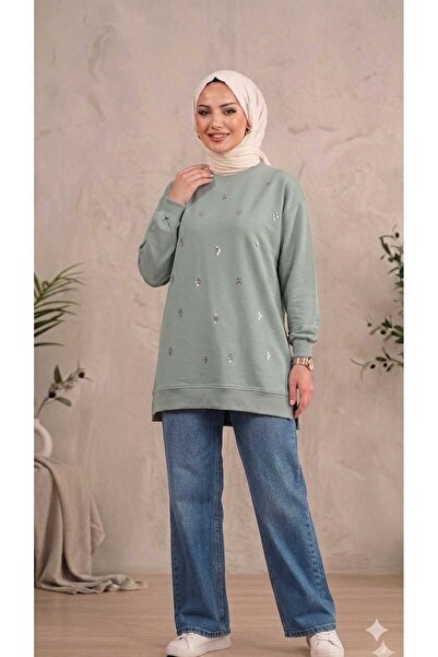 PEKA Women's Sequin Embroidered Crew Neck Sweatshirt with Side Slits - Tunic