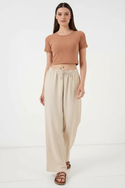 Efnaz style Women's Elastic Waist Linen Wide Leg Cream Palazzo Trousers