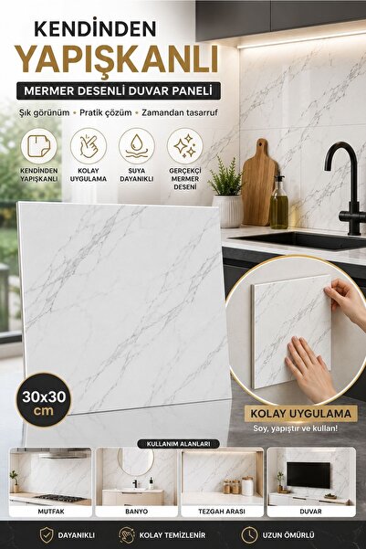 Kitchen Beauty Kendinden Yapışkanlı Mermer Desenli Alüminyum Duvar Paneli 30×...