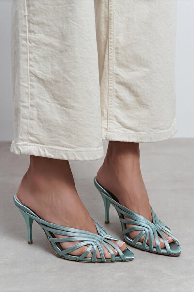 NİŞANTAŞI SHOES Judith Turquoise Satin Open Toe Detailed Caged Women's Heeled...