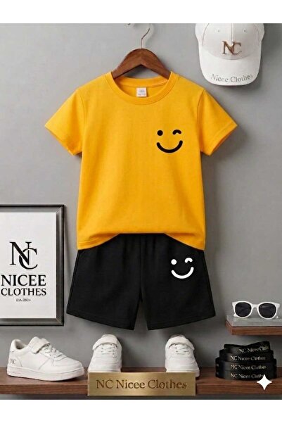 NC Nicee Clothes Summer Children's T-Shirt Shorts Unisex (Black Smile Emoji P...