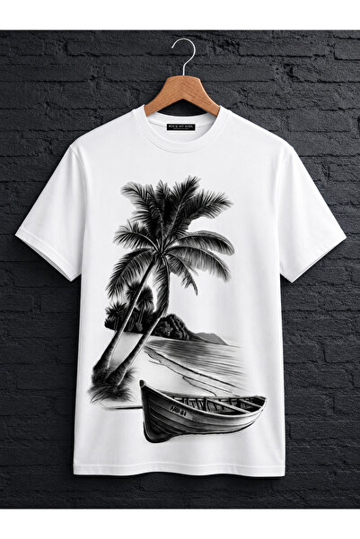VODEXA Μπλουζάκι Unisex Oversize με στάμπα Boat on the Beach, 100% βαμβακερό,...