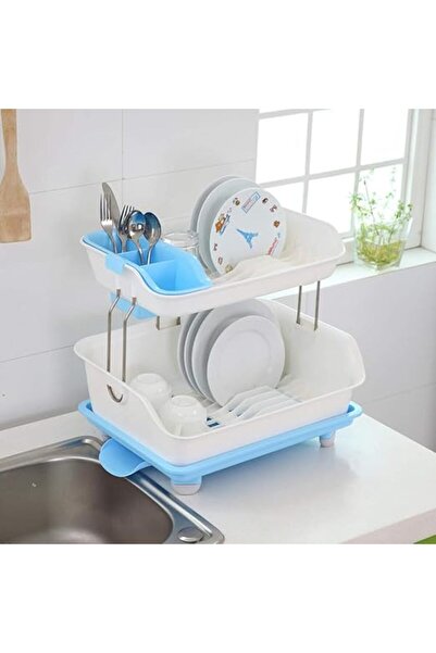 Generic Kitchen dish storage rack, detachable, two-tier, blue and white, plastic