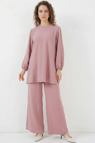buğrahayalin Women's Round Neck Gathered Waist Powder Tunic Pants Top and Bot...