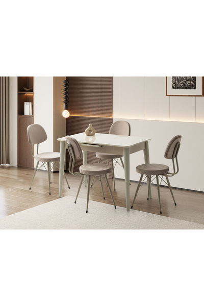 Viento Mobilya Madrid Kum Beji Renk Highgloss Açılır 100X60 Masa 6 Adet Ece B...