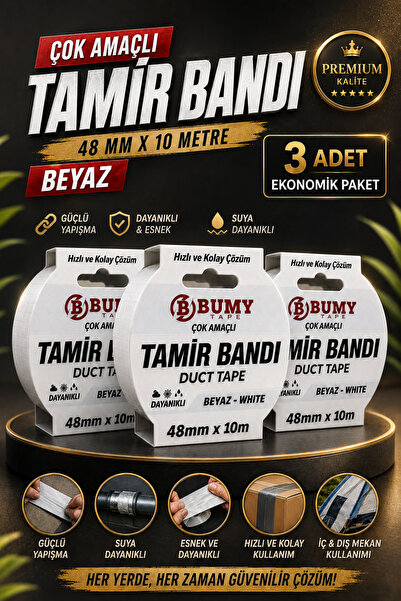 BUMY 3 ADET BEYAZ Tamir İzolasyon Bandı 48 Mm X 10 METRE Duct Tape Su Geçirme...