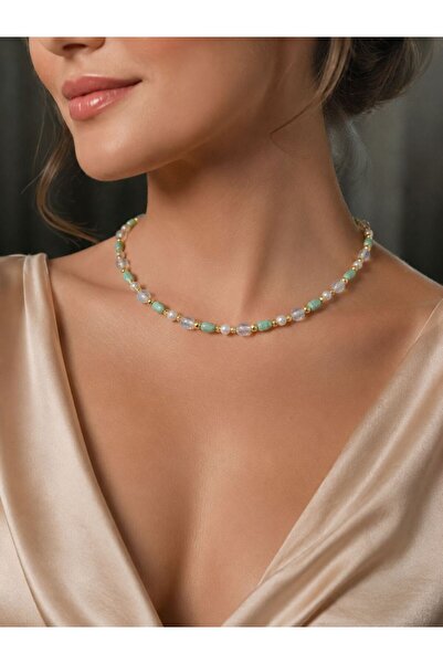 Aurevyn Design Doğal Opal Taşı, İnci ve Turkuaz Boncuklu El Yapımı Choker Kolye