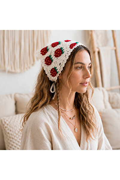 synshop Bandana triunghiulară tricotată cu căpșuni, roșu crem, bentiță de păr...