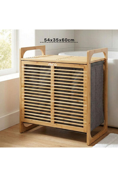 KÜÇÜK HAZİNE KALIN AHŞAP BAMBU 2 BÖLMELİ KİRLİ ÇAMAŞIR SEPETİ KUMAŞ ÇANTALI S...