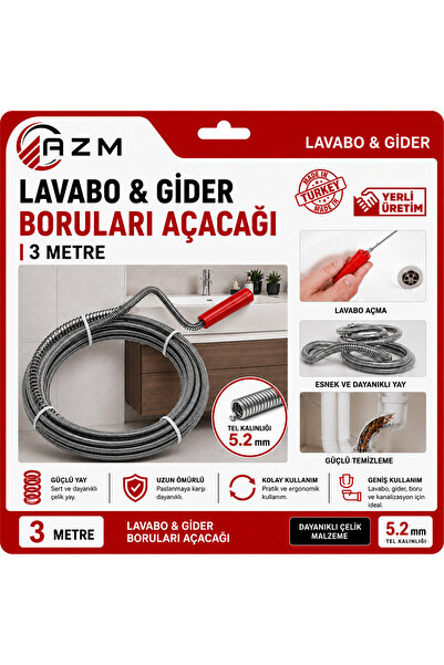 Azm Lavabo ve Boru Gider Açıcı 3 Metre Spiral Tıkanıklık Açma Teli Kanal Açıc...