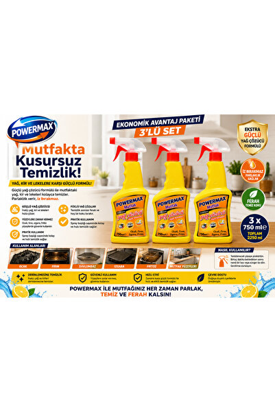 Mutfak Temizleyici 750 Ml x 3 Adet Yağ ve Kir Çözücü Güçlü Mutfak Temizlik Seti