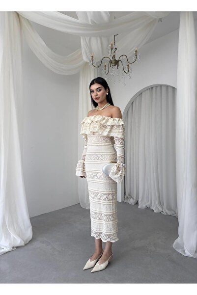 Caddebostan Moda Strapless Neckline Ruffle Lace Detailed Long Sleeve Midi Dress