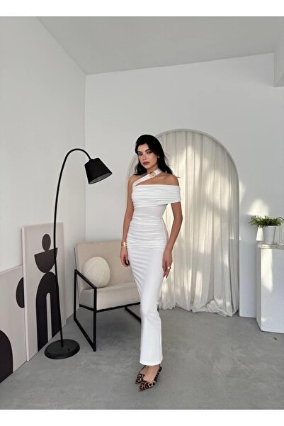 Caddebostan Moda Cross Shoulder Detailed Evening Dress, Ruched Detailed Midi ...