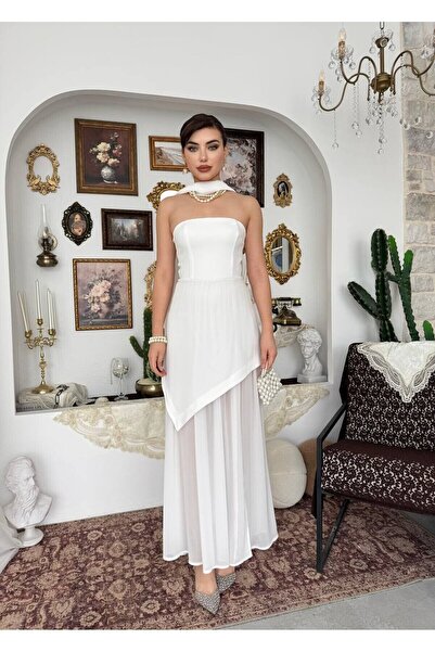 Caddebostan Moda Shawl Detailed Strapless Slit Evening Dress
