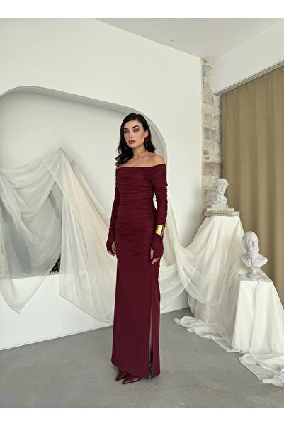 Caddebostan Moda Boat Neck Long Sleeve Draped Dress Evening Gown Homecoming D...