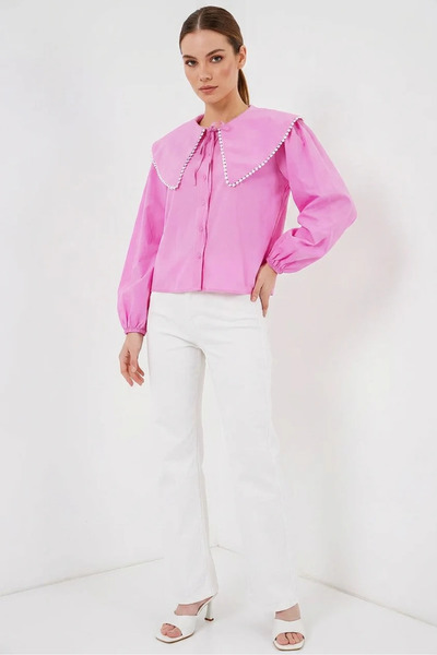 Efnaz style Women's Baby Collar Elastic Sleeve Cotton Pink Shirt