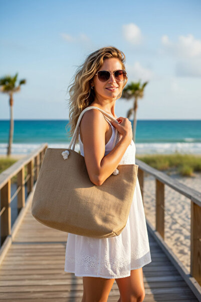 SEBOTEKS Zippered Lined Pocket Straw Jute Fabric Beach Bag Sbc3225