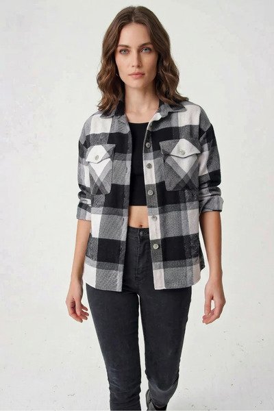 Şeker Portakalım Women's Double Pocket Oversize Plaid Patterned Cotton Black ...