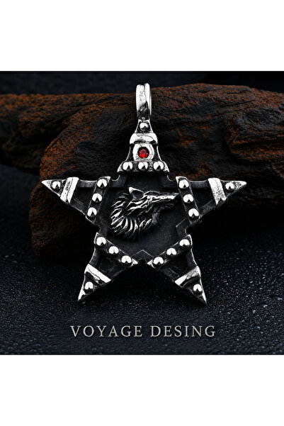 voyageaccessory 316L Stainless Steel Anthracite Color Wolf Necklace with Red ...