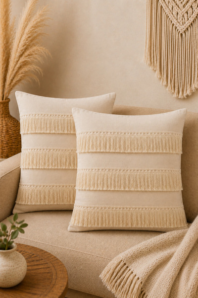 Morlay Set de 2 huse de pernă din in natural cu ciucuri, decor boem rustic vi...