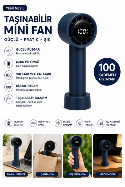 GudeX Lacivert Dijital Ekranlı Mini Fan USB Şarjlı 100 Kademeli Taşınabilir E...