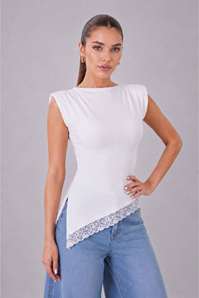 Noi Belis Padded Skirt Hem Asymmetrical Lace Knitted Blouse Ss26Bz0165
