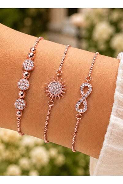 Merand Women's Rose Gold Color 3-Piece Steel Bracelet Set with Zircon Stones,...