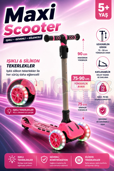 Doğan Oyuncak Dünyası Pembe Maxi Işıklı 3 Tekerlekli Katlanabilir Scooter 6+ ...
