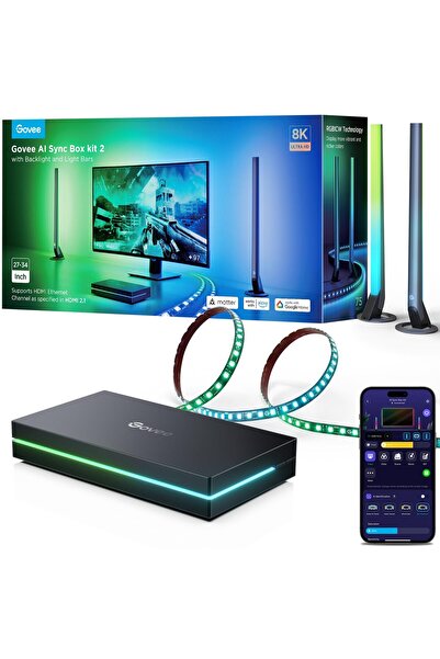 Govee HDMI 2.1 Sync Box Kit 2, ışık çubuğu ve LED şerit ile, 8K@60Hz, 4K@144H...
