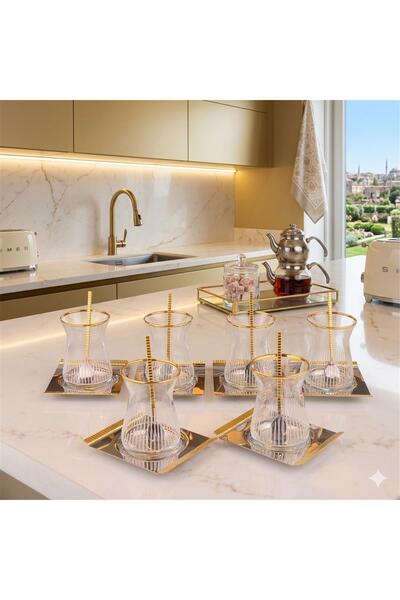 Tiamo Mios Gold 18 Parça Çay Seti - 6 Kişilik Lüks Yaldızlı Cam Çay Takımı (1...