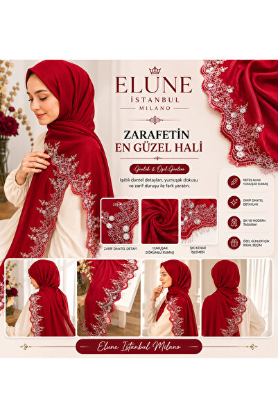 ELUNE İSTANBUL Milano Lace Embroidered Burgundy Color Shawl