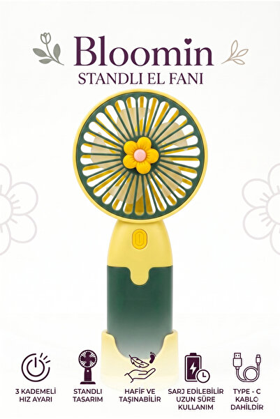 Bloomin Standlı Şarjlı Mini Taşınabilir El ve Masa Fanı - 3 Kademeli, Sevimli...
