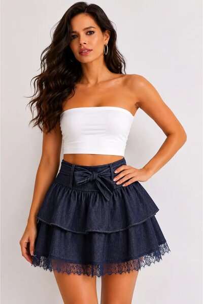 Cool & Sexy Lace Detailed Navy Blue Mini Denim Skirt