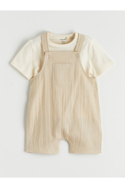 LC Waikiki Beige Baby Boy Muslin Salopet and T-Shirt Set