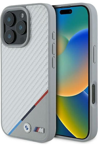 BMW M Carbon Tricolor Line Magsafe Back Cover Leather Gray (iPhone 16 Pro) Co...
