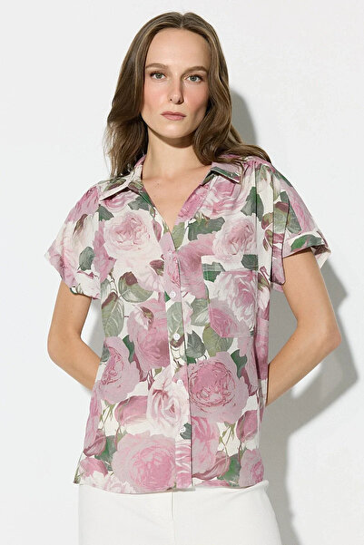 Gusto Floral Patterned Short Sleeve Viscose Linen Blouse - Pink