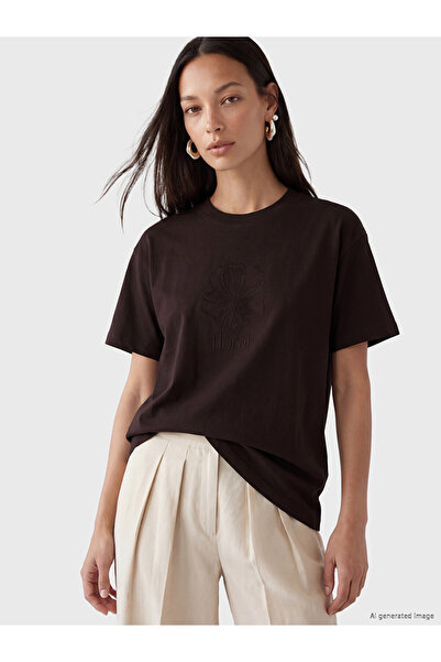LC Waikiki Brown Crew Neck Embroidered Blouse