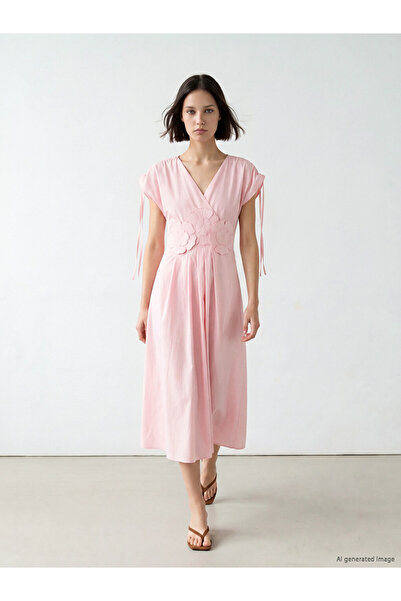 LC Waikiki Pink Double-Breasted Collar Dress with Floral Appliques