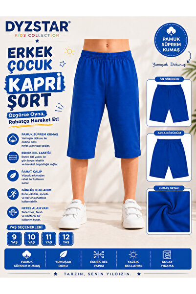 DYZSTAR Erkek Çocuk Pamuk Süprem Kapri Şort Saks Mavi Lacivert 9-10-11-12 Yaş