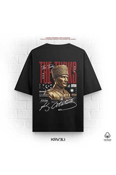 krvelistore THE TURKS Atatürk Baskılı Oversize Tişört Siyah Erkek Unisex %100...