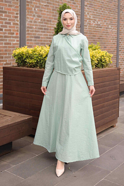 İmajButik Water Green Dress with Button Detail
